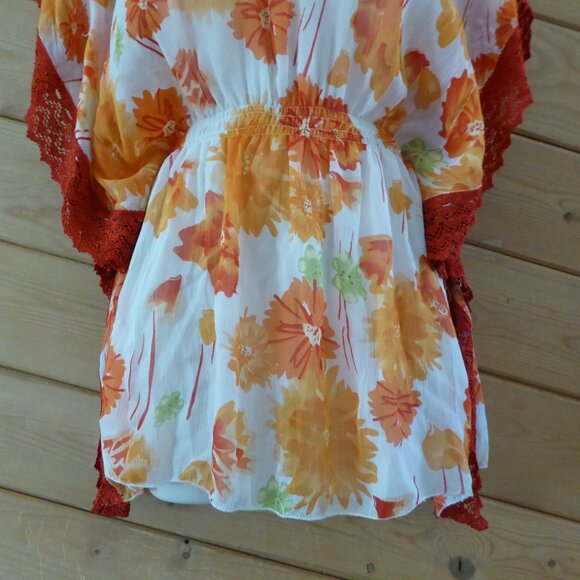 Kohinoor Orange Floral Crochet Lightweight Cinched Blouse Tunic Top NWT - Picture 3 of 10